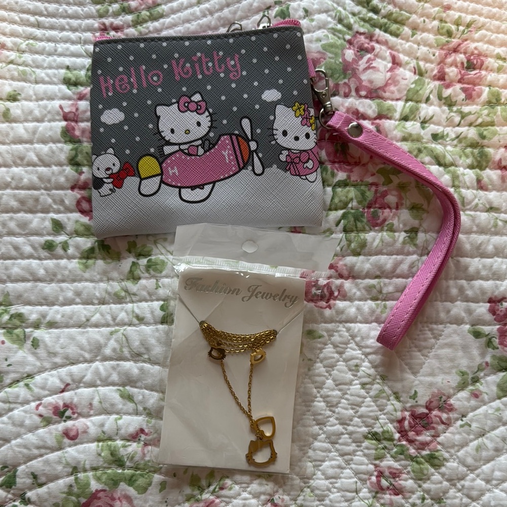 Hello Kitty Pink and Gray Wristlet with Gold Necklace